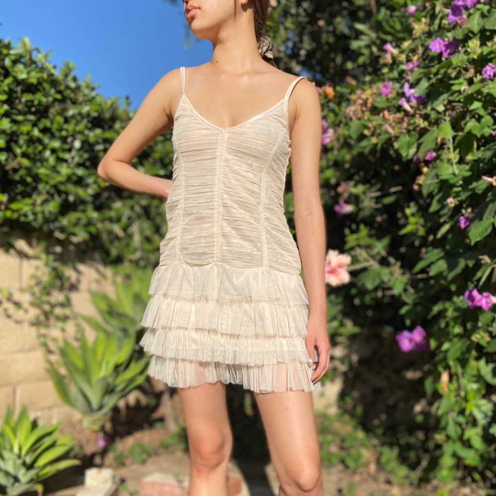 Vintage Beige Tulle Mini Dress - Picture 3 of 5